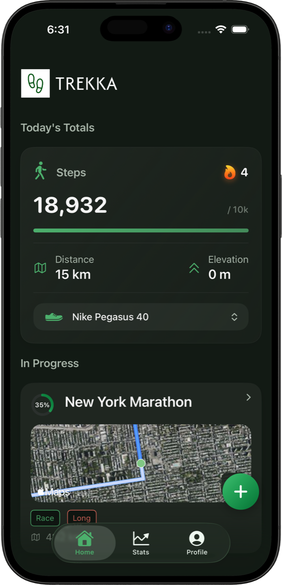 Trekka home screen with route progress on a map.